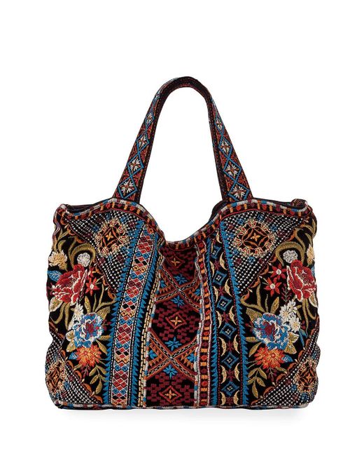 Johnny Was Velvet Tote Bag With All Over Multicolored Embroidery