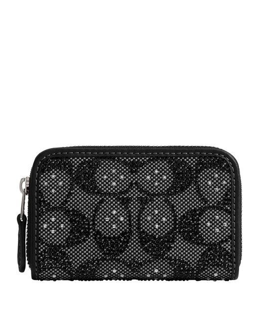 COACH Black Crystal Signature Jacquard Essential Small Zip Around Card Case
