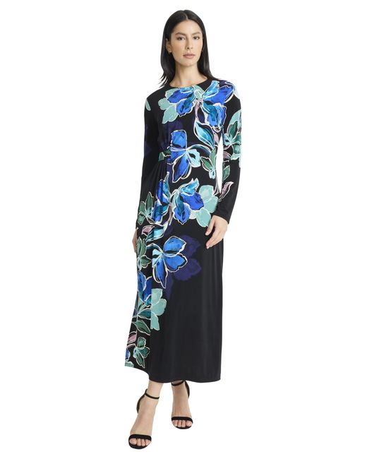 Maggy London Blue Long Sleeve Floral Maxi Elegant Round Neck Special Occasion Wedding Guest Dresses