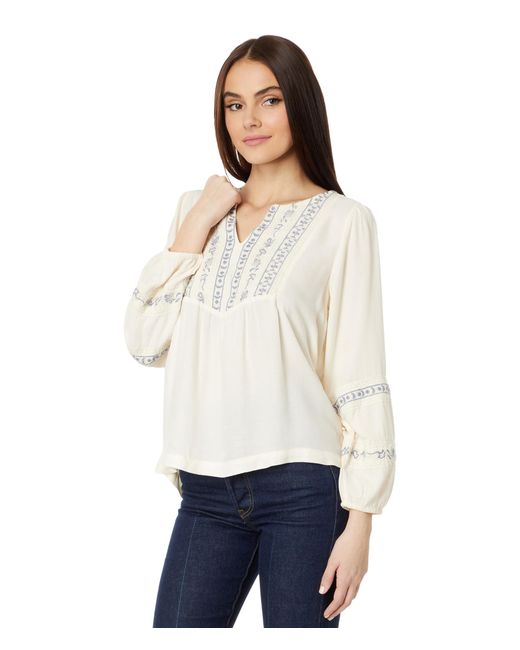 Lucky Brand White Geo Embroidered Babydoll Top