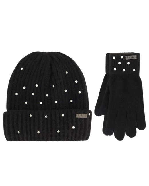 Nicole Miller Black Rhinestone Winter Beanie Hats Soft & Warm Gloves Set