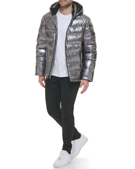 Guess Black Holographic Hooded Puffer Jacket for men