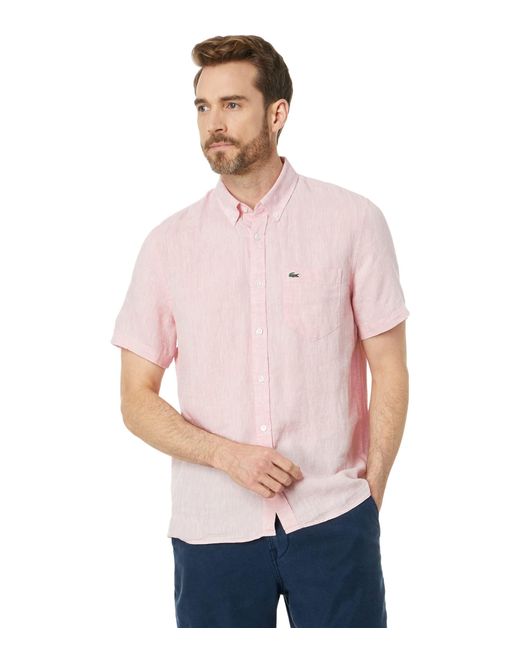 Lacoste White Contemporary Collection's Short Sleeve Regular Fit Linen Casual Button Down Shirt With Front Pocket for men