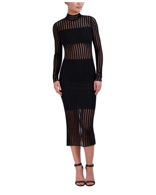 BCBGMAXAZRIA Black Long Sleeve Mock Neck Sheer Stripe Midi Dress