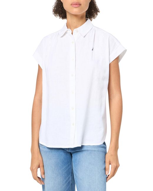 Nautica White Linen Blend Short Sleeve Button Through Shirt
