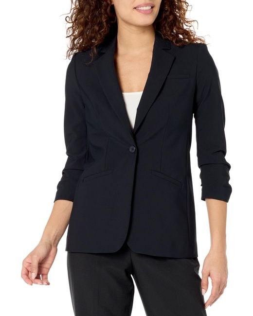 Calvin Klein Blue Ruched Sleeves Two Front Bottom Pockets Blazer