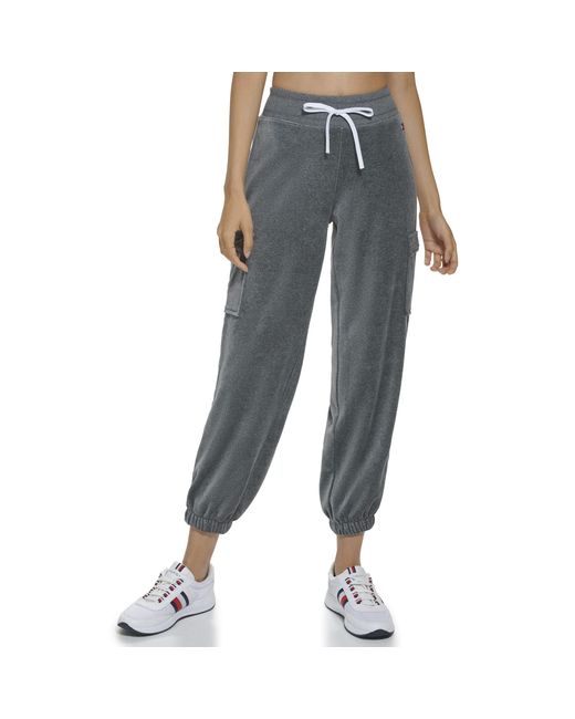Tommy Hilfiger Gray Velour Fabric Cargo Pockets Jogger Rib Waistband With Drawcord Ghost Debossed Logo Taping