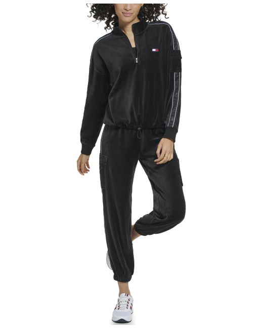 Tommy Hilfiger Black Velour Fabric Cargo Pockets Pullover Half Zip Ghost Debossed Logo Taping