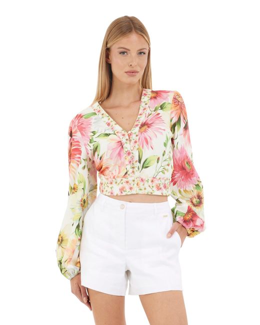 Top da donna Ls Colette con scollo a V e fiocco di Guess in White