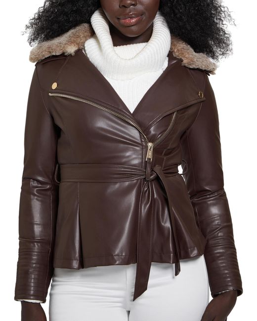 Guess Brown Tulip Peplum Zip Faux Leather Jacket