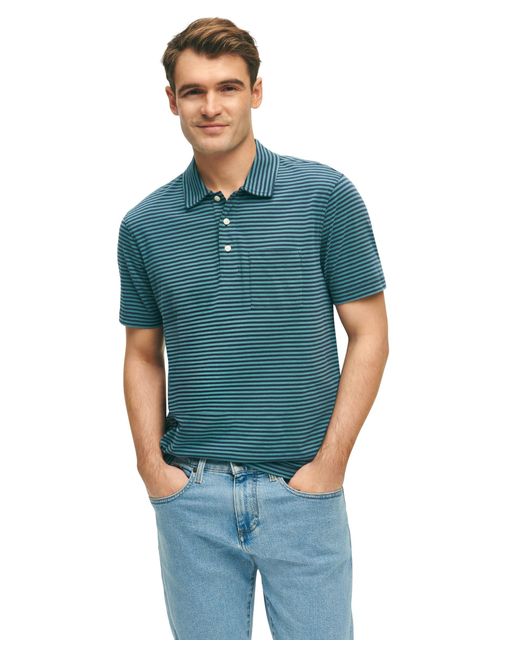 Brooks Brothers Blue Regular Fit Cotton Jersey Feeder Stripe Short Sleeve Polo for men