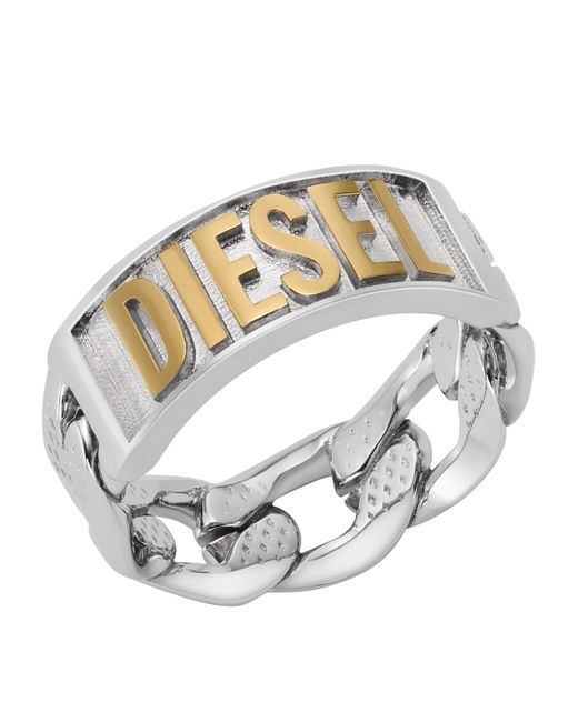 DIESEL Metallic Silver And Gold Two-tone Stainless Steel Logo Band Ring for men