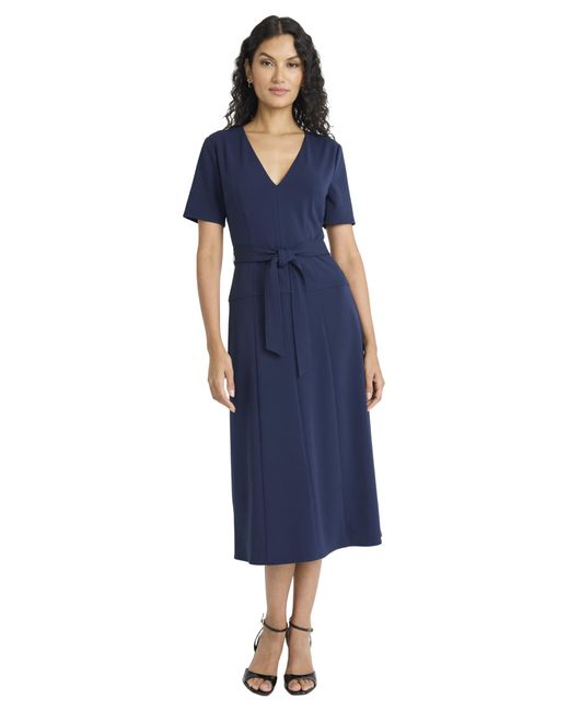 Maggy London Blue V Neck Short Sleeve Wrap Midi Tie Belt-casual Wedding Guest Dresses