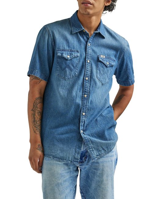 Wrangler Blue Short Sleeve Western Denim Shirt for men