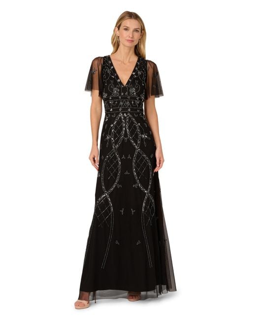 Adrianna Papell Women's Black Beaded Flutter Sleeve Dress