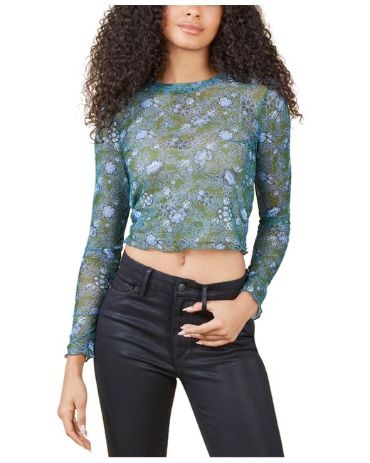 BCBGeneration Blue Long Sleeve Mesh Top With Round Neck
