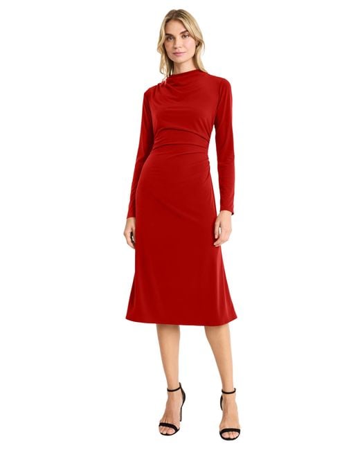 Maggy London Red Elegant Midi Long Sleeve Mock Neck A-line Silhouette-ruched Waist Formal Evening Dress