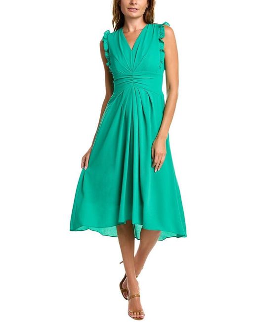 Maggy London Green V-neck Hi-lo Midi Dress With Gathered Waist And Ruffle Details