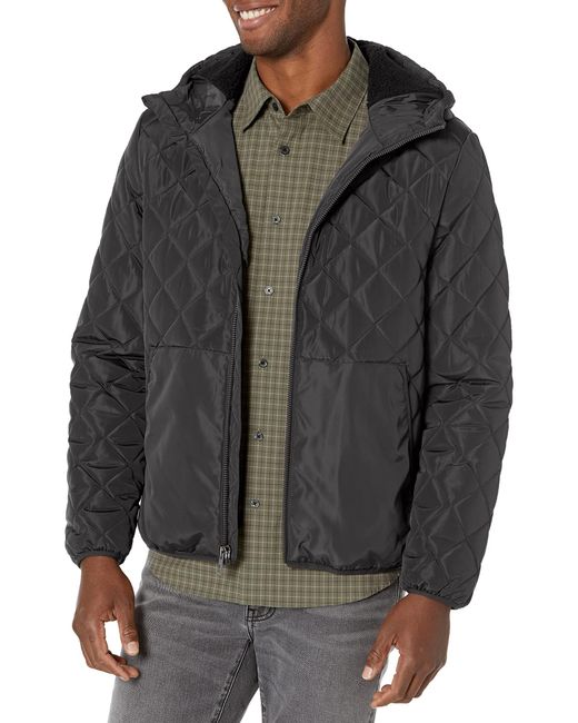 Kenneth Cole Black Diamond Quilted Puffer Jacket With Sherpa Lined Hood for men