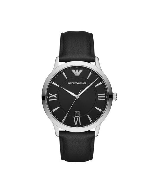 Emporio Armani Three-hand Date Silver And Black Leather Band Watch for men