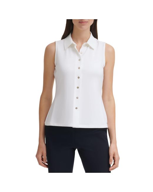Tommy Hilfiger White Classic Collared Button Front Sleeveless-knit Top