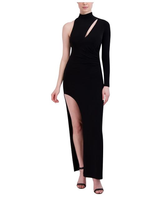 BCBGMAXAZRIA Black Bodycon Floor Length Evening Gown One Long Sleeve Mock Neck Shirred Cut Out Side Slit