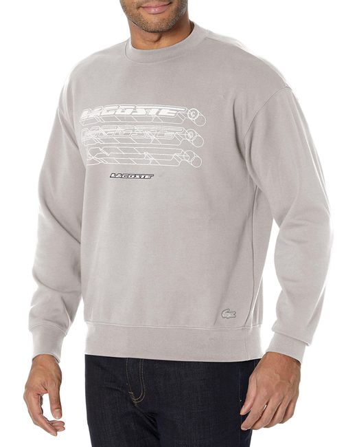 Lacoste Gray Long Sleeve Loose Fit Double Face Front Graphic Crewneck Sweatshirt for men