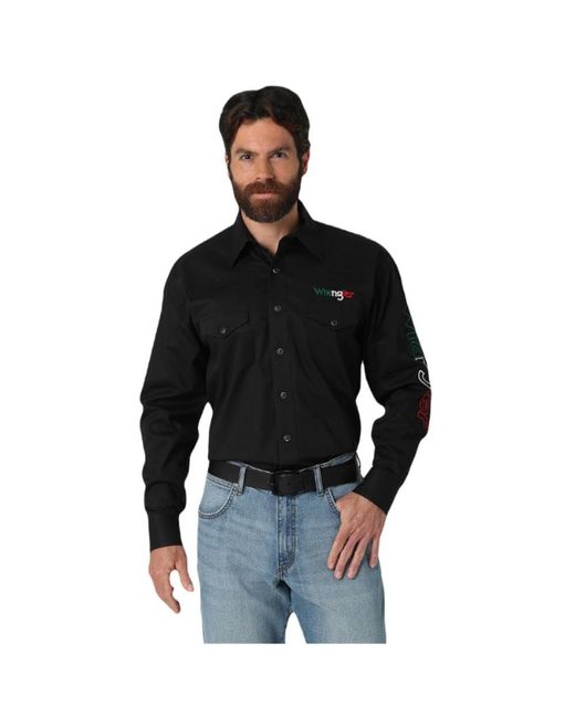 Wrangler Black Tall Size Western Logo Two Pocket Long Sleeve Button Shirt for men