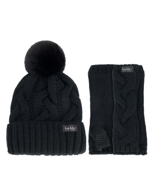 Nicole Miller Black Nicole Miller Winter Hat Cable Knit Beanie And Arm Warmer Sleeves For Fashion Long Fingerless Gloves