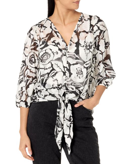 Adrianna Papell Black Printed V-neck Long Sleeve Top W/tie Front