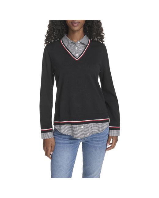 Tommy Hilfiger Black Long Sleeve Sweater Button Up Collared Shirt