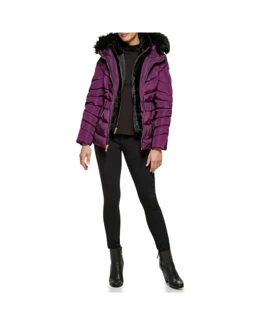 Guess Purple Fur Lined Hood Cold Weather Puffer Coat