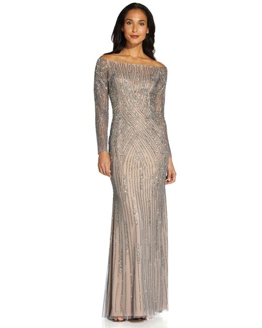 Adrianna Papell Natural Beaded Off Shoulder Gown