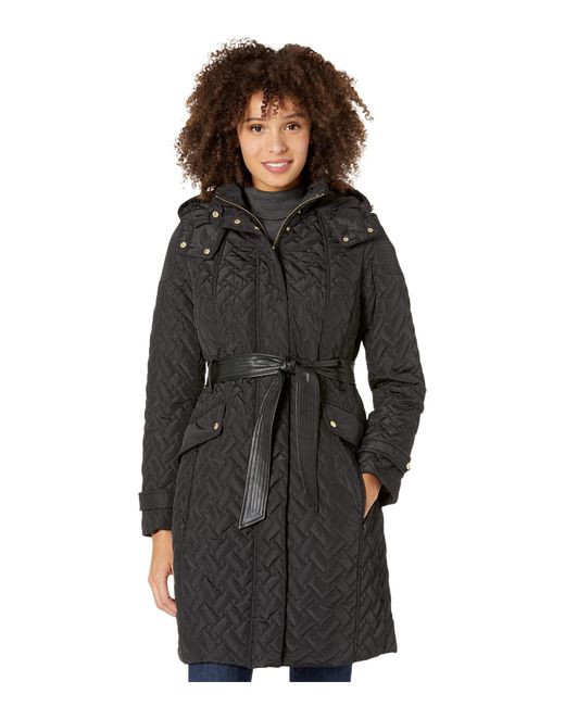 Cole Haan Black Faux Leather Belted Quilted Signature Coat