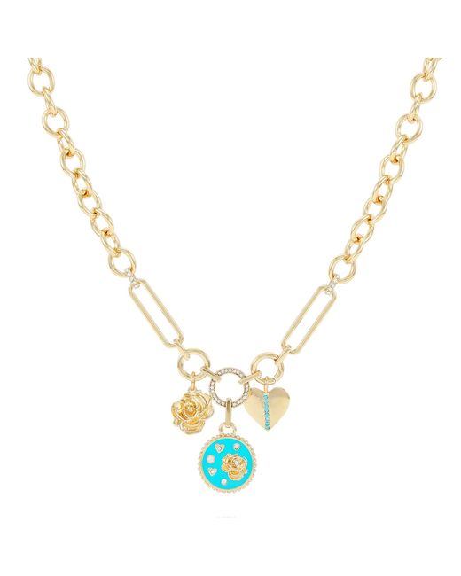 Guess Metallic Goldtone Turquoise Charm Pendant Statement Necklace For