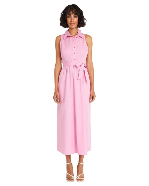 Maggy London Pink Collared Neck Midi A-line Pockets And Button Placket | Casual Dresses For