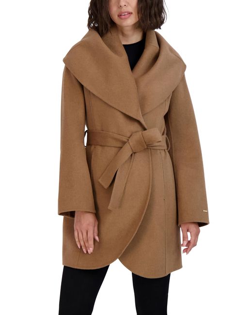 Tahari Brown Double Face Wool Blend Wrap Coat With Oversized Collar