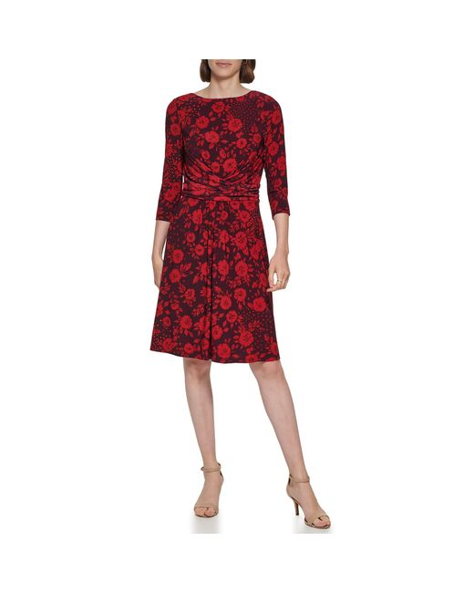 Tommy Hilfiger Red Fit And Flare Jersey 3/4 Sleeve Round Neck Dress