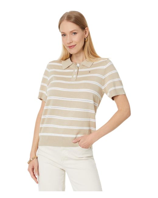 Tommy Hilfiger White Short Sleeve Textured Stripe Polo Sweater Khaki Combo Xs