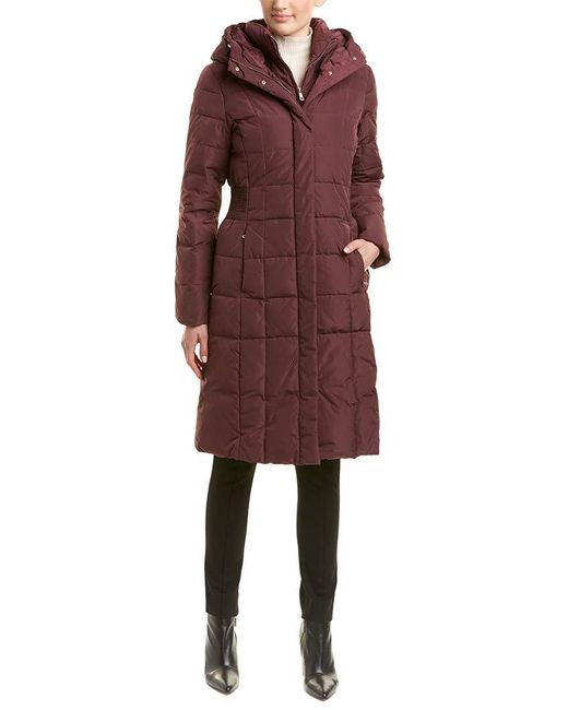Cole Haan Red Knee Length Hooded Quilted Down Coat