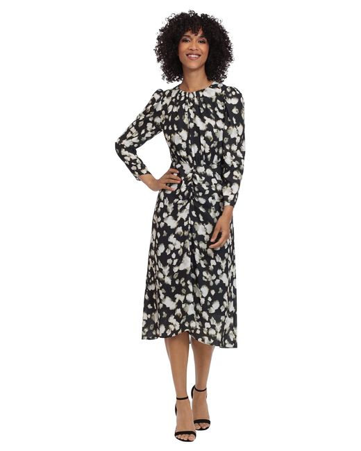 Maggy London White Long Sleeve Center Front Waist Ruched Midi Dress