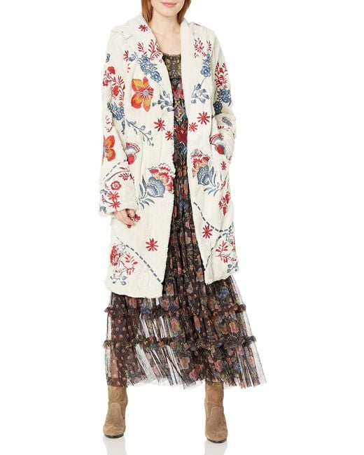 Johnny Was Natural Biya By Cream Faux Fur Coat With Multicolored Embroidery
