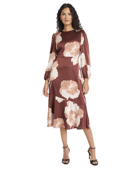 Maggy London Red Long Sleeve Floral Midi Fit And Flare Wedding Guest Dresses