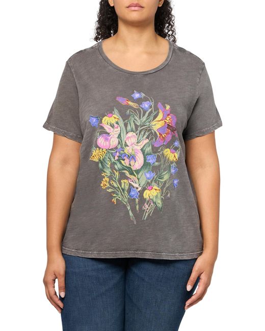 Lucky Brand Gray Faded Neon Floral Classic Crew