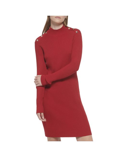 Tommy Hilfiger Red Sheath Sweater Turtleneck Dress