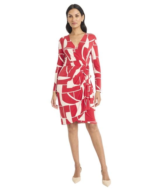 Maggy London Red Long Sleeve V-neck Wrap Self-tie Belt-knee Length Cocktail Dress