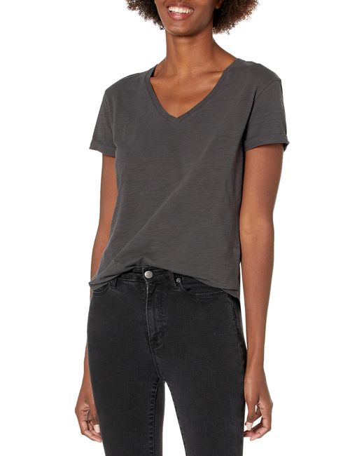 Amazon Essentials Black Vintage Cotton Short Roll-sleeve V-neck T-shirt