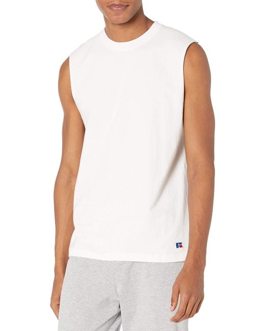 Russell White Soft 100% Cotton Midweight Sleeveless Muscle T-shirt for men