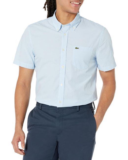 Lacoste Blue Short Sleeve Regular Fit Gingham Button Down Shirt for men