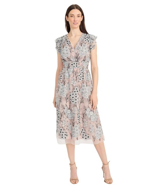 Maggy London Women's Dresses Flutter Sleeve V-neck Empire Waist Midi Length  A-line Cocktail Dress